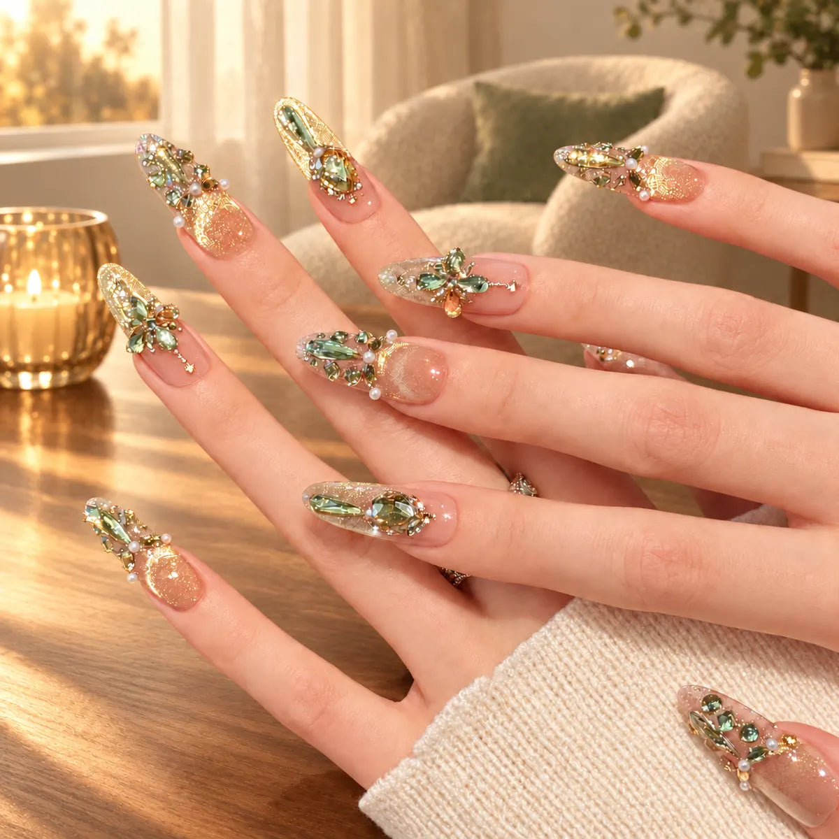 Nailoriah Champagne Zircon Cat Eye Nails